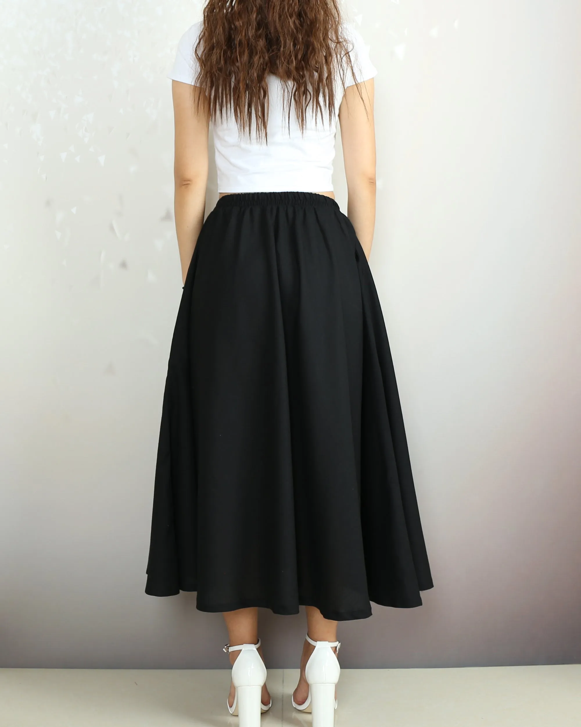 Elastic waist skirt, Midi linen skirt, Boho skirt with pockets, high waist skirt, flared skirt(Q1065)