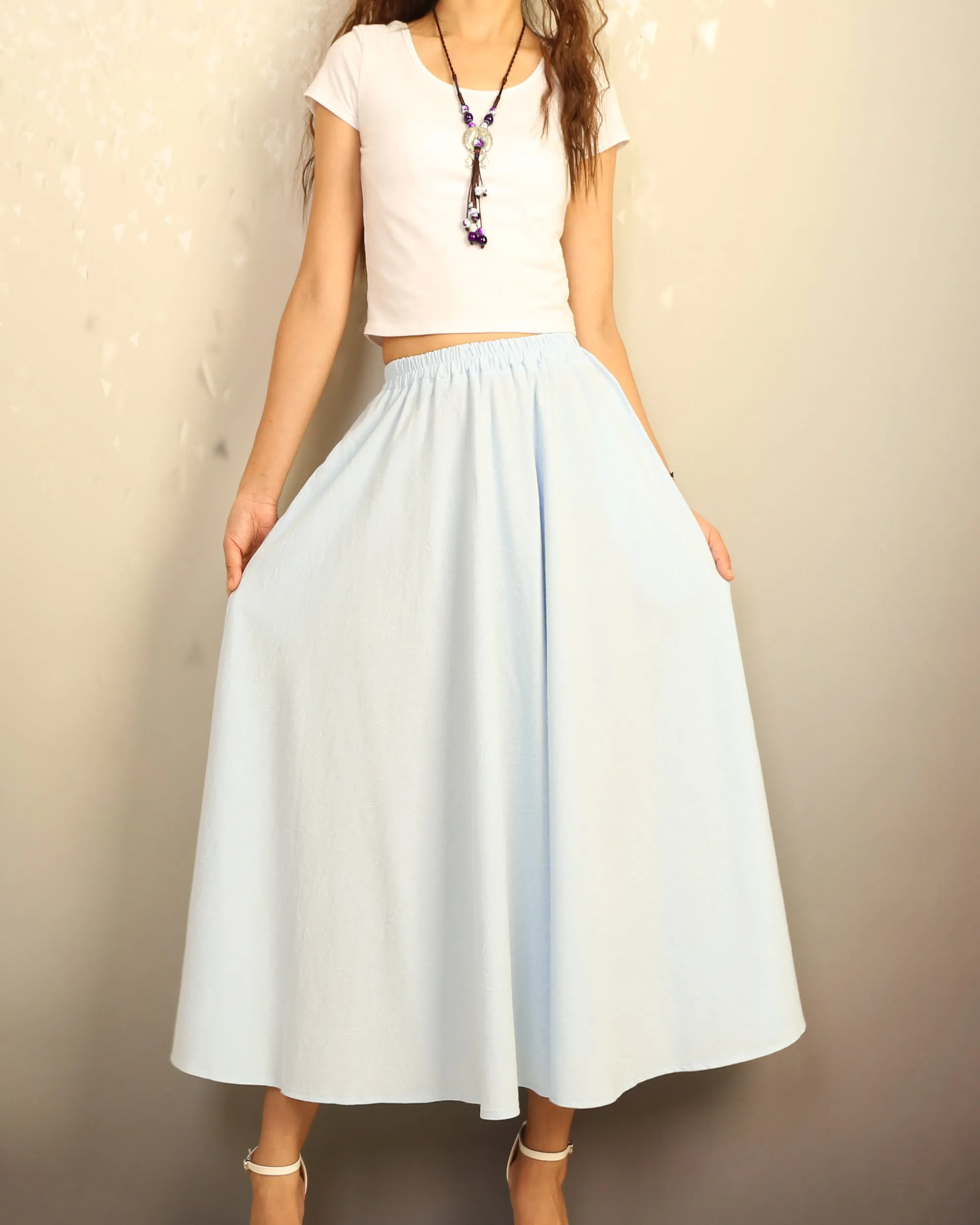 Elastic waist skirt, Midi linen skirt, Boho skirt with pockets, high waist skirt, flared skirt(Q1065)