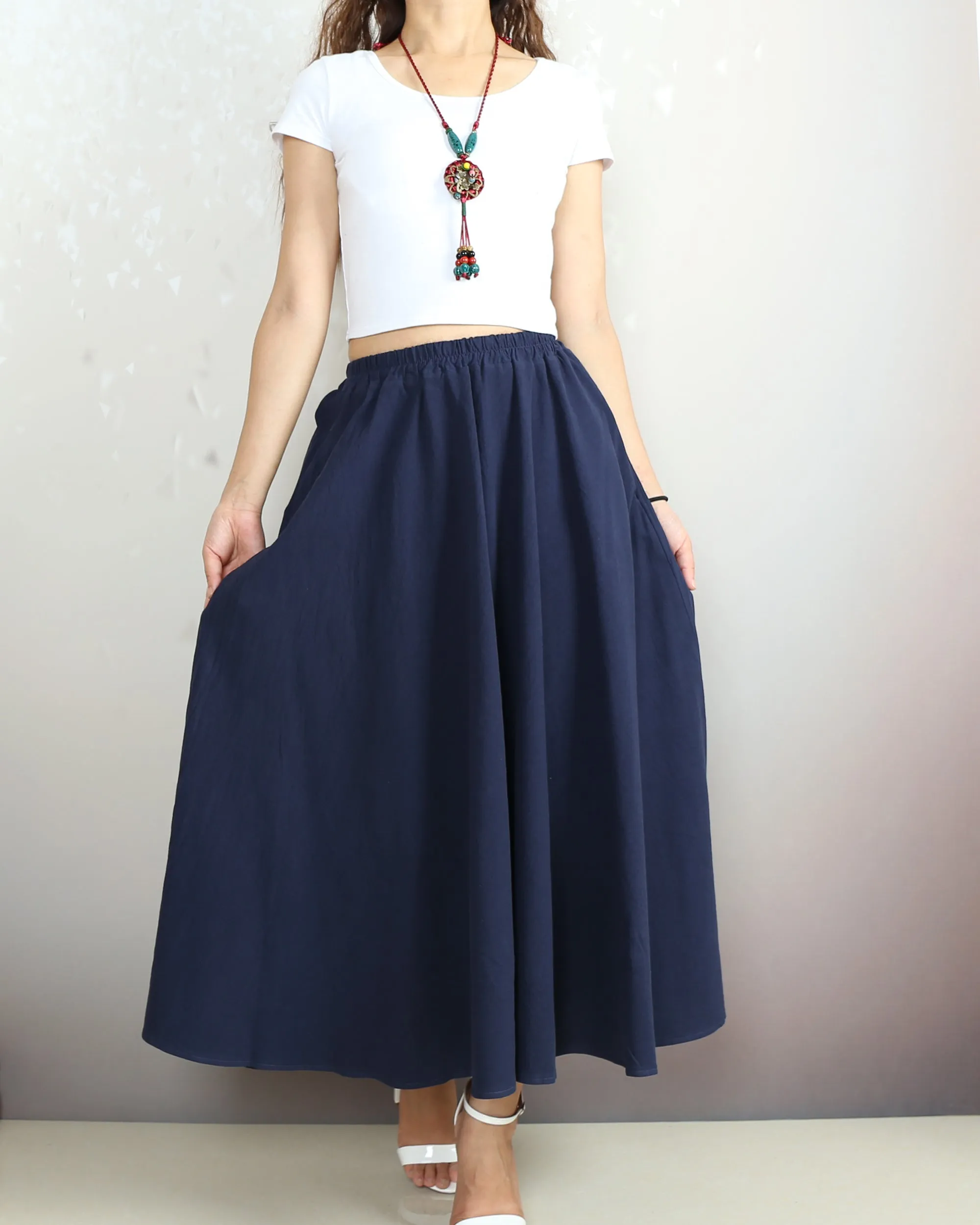 Elastic waist skirt, Midi linen skirt, Boho skirt with pockets, high waist skirt, flared skirt(Q1065)