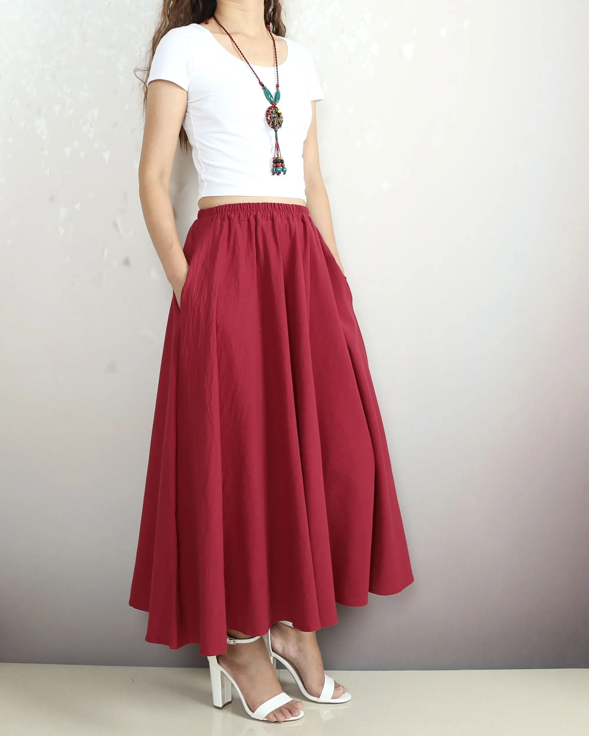 Elastic waist skirt, Midi linen skirt, Boho skirt with pockets, high waist skirt, flared skirt(Q1065)