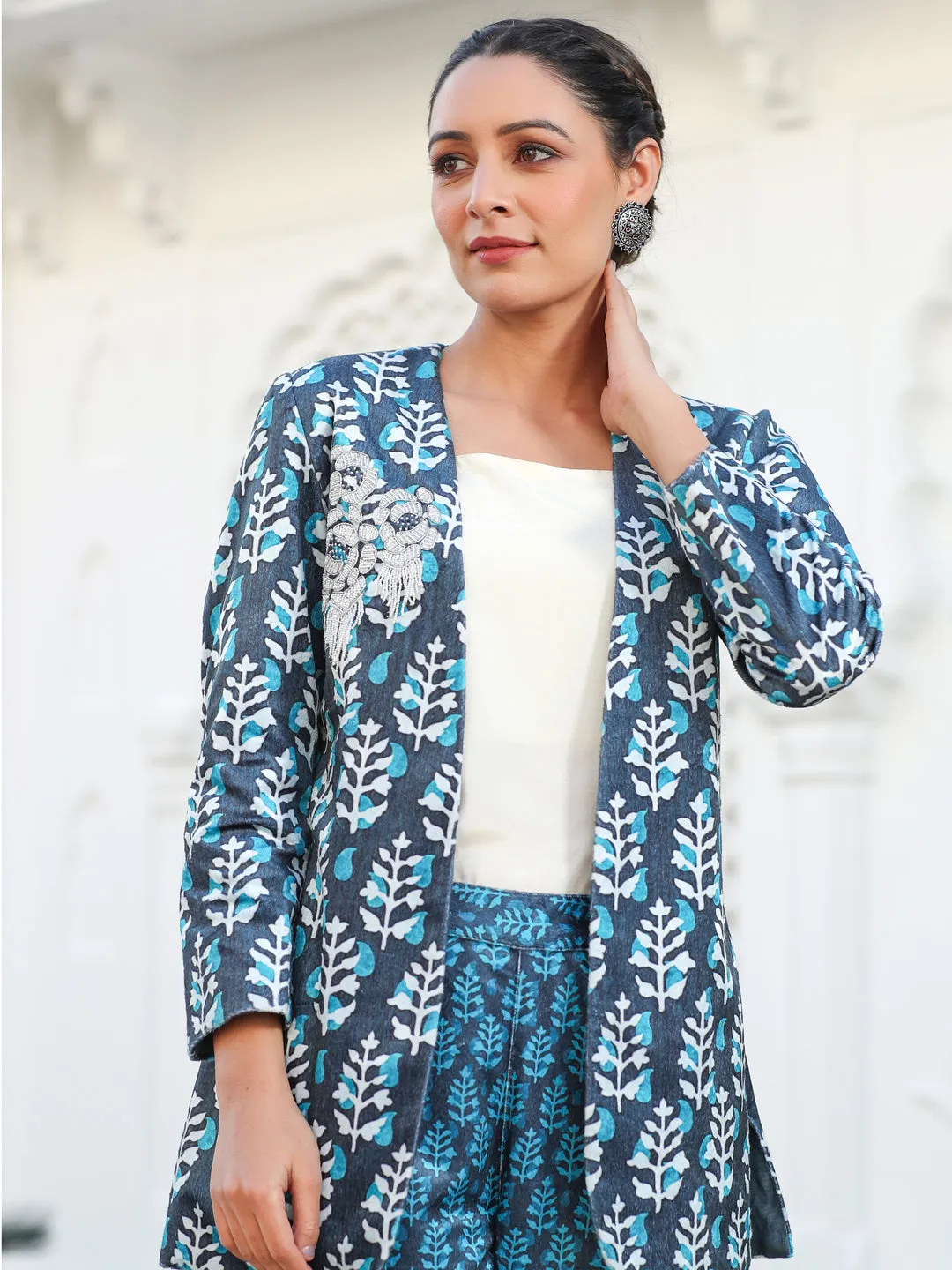 Embroidered Blue Printed Velvet Jacket With Cream Crop Top And Printed Velvet Pants