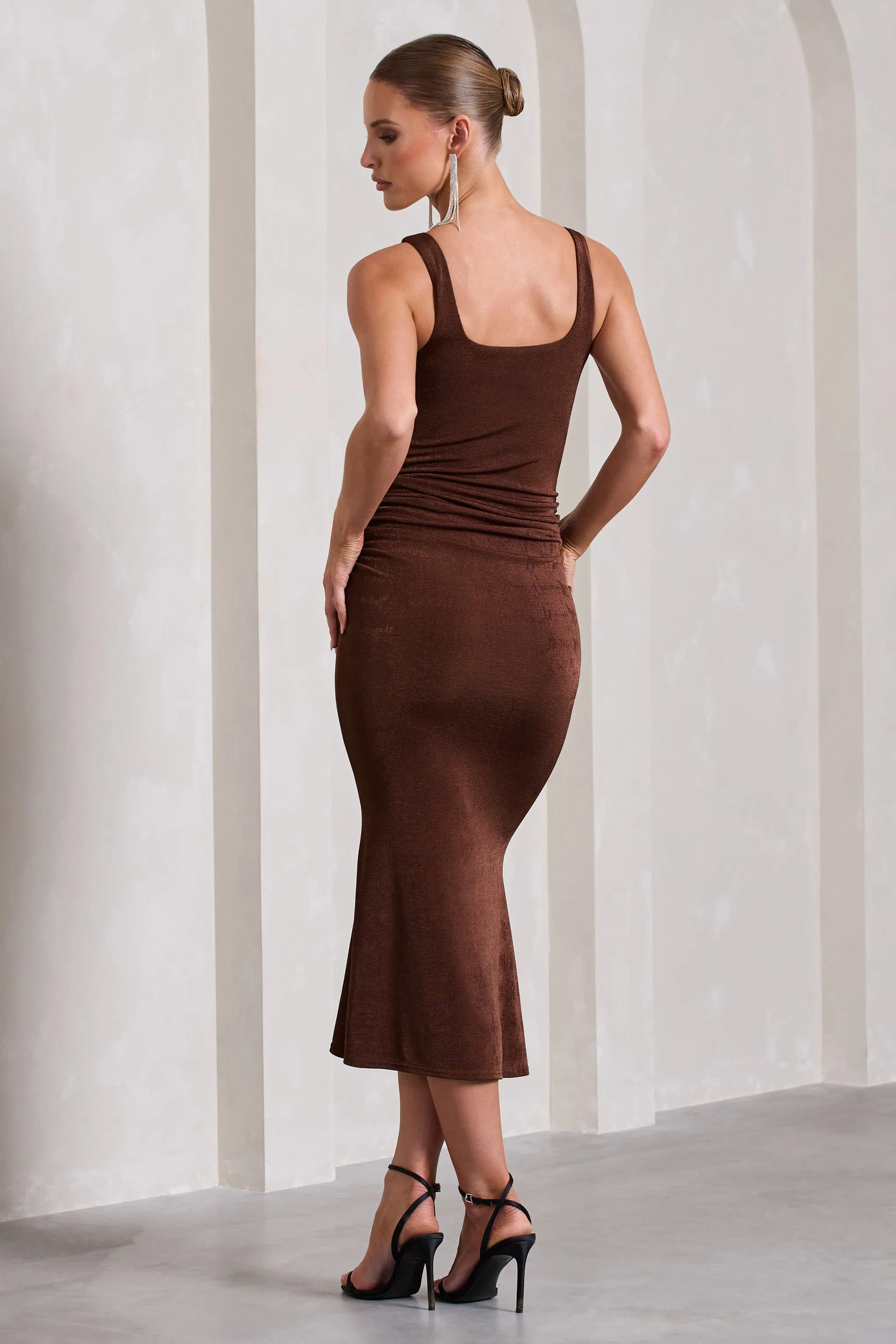 Evora | Chocolate Ruched Square-Neck Fishtail Midi Dress