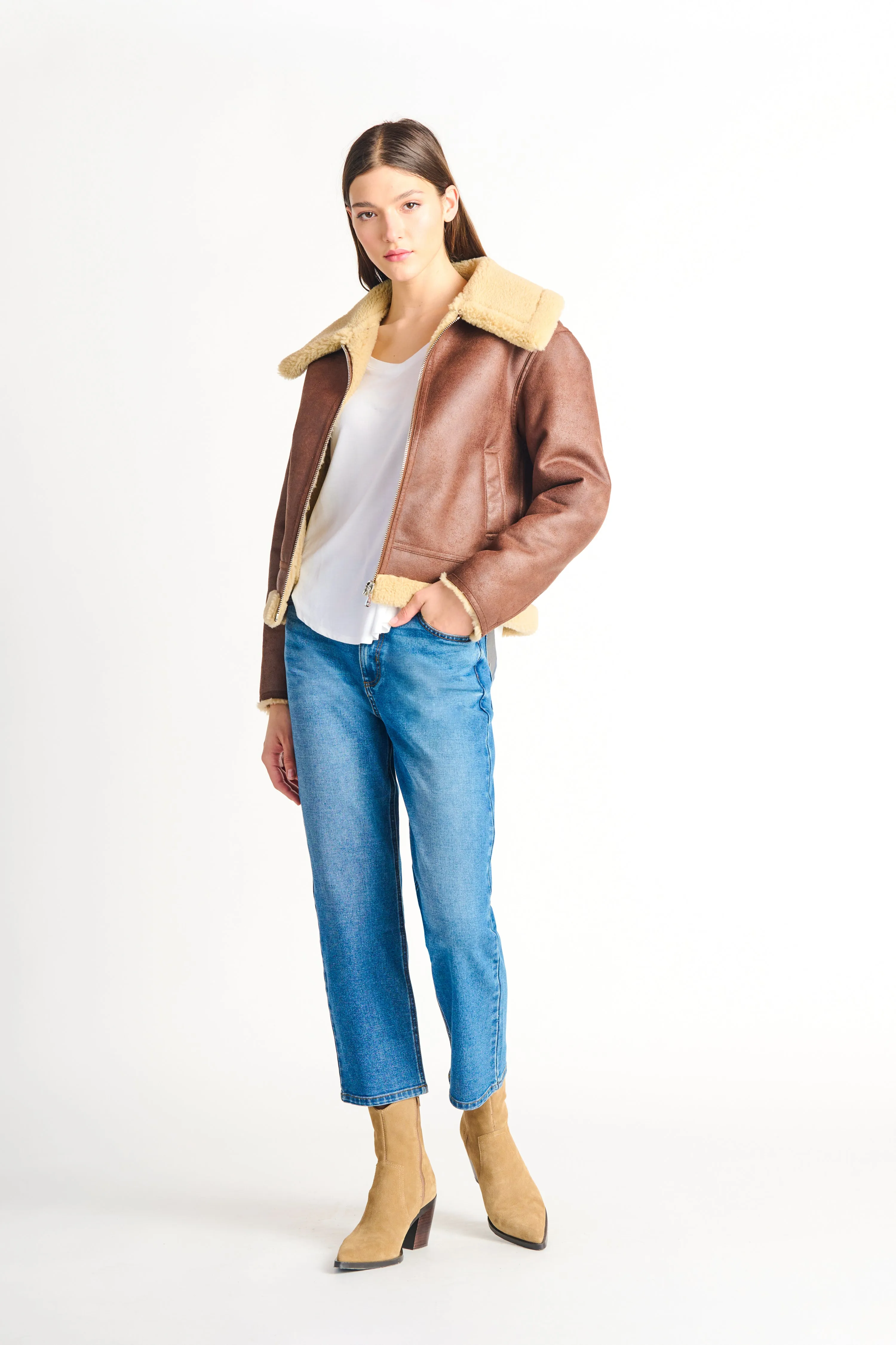 Faux shearling jacket in Khaki Brown