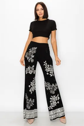 Floral Stamp Vintage Print Wide Leg Pants