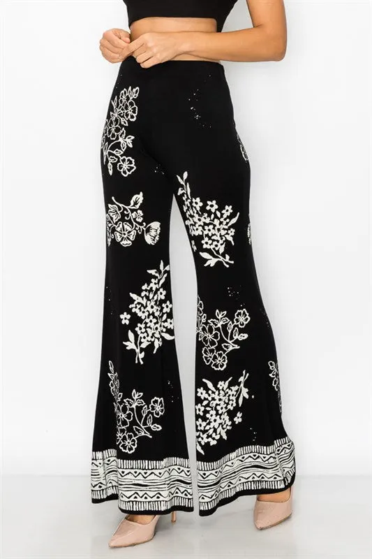 Floral Stamp Vintage Print Wide Leg Pants