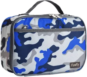 FlowFly Kids Lunch box Insulated Soft Bag Mini Cooler Thermal Meal Tote Kit with Handle and Pocket for Girls, Boys, Blue Camo