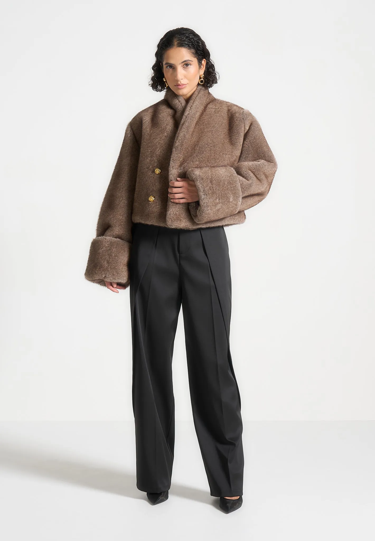 Fur Kimono Tie Jacket - Brown