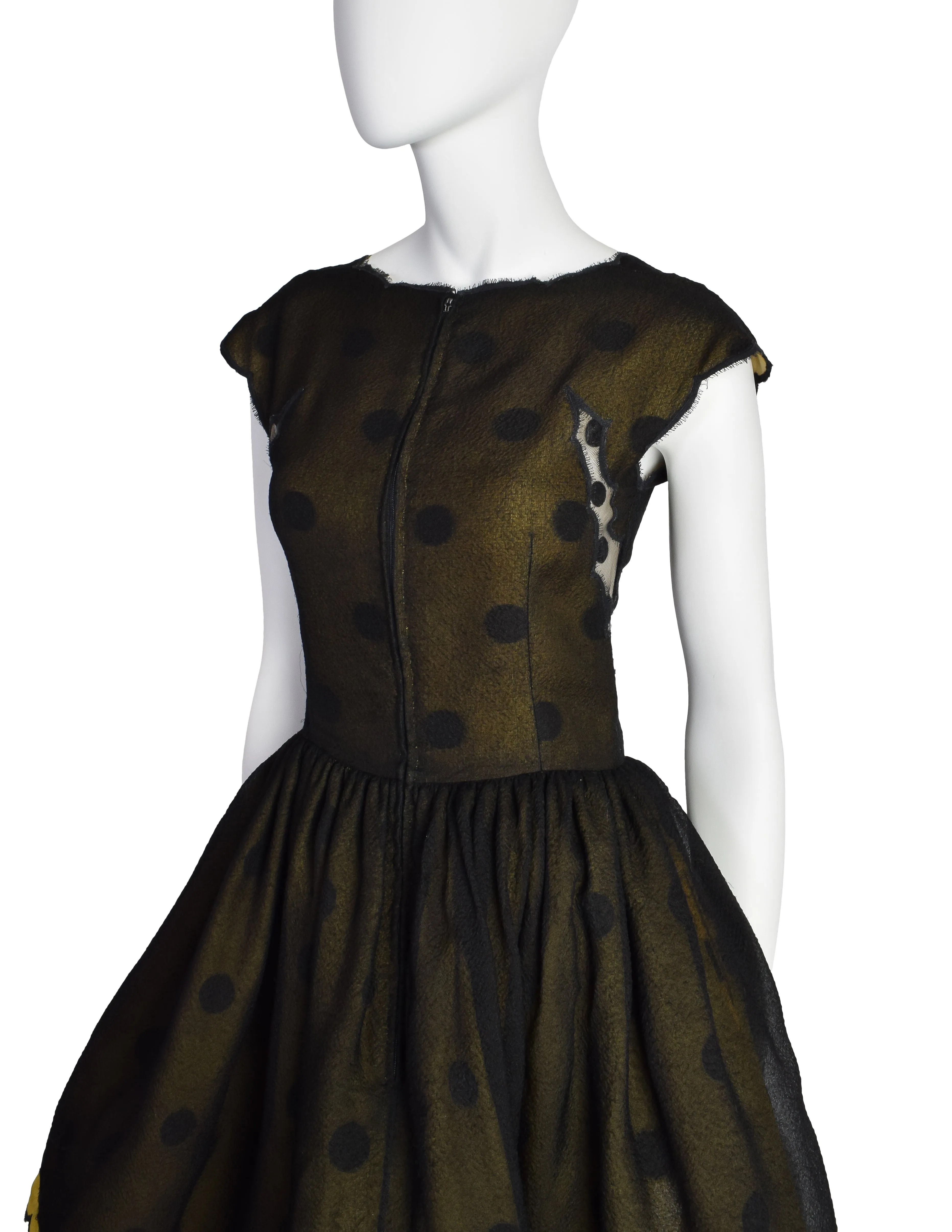 Geoffrey Beene Vintage Black Silk Chiffon Yellow Polka Dot Floral Backwards Dress