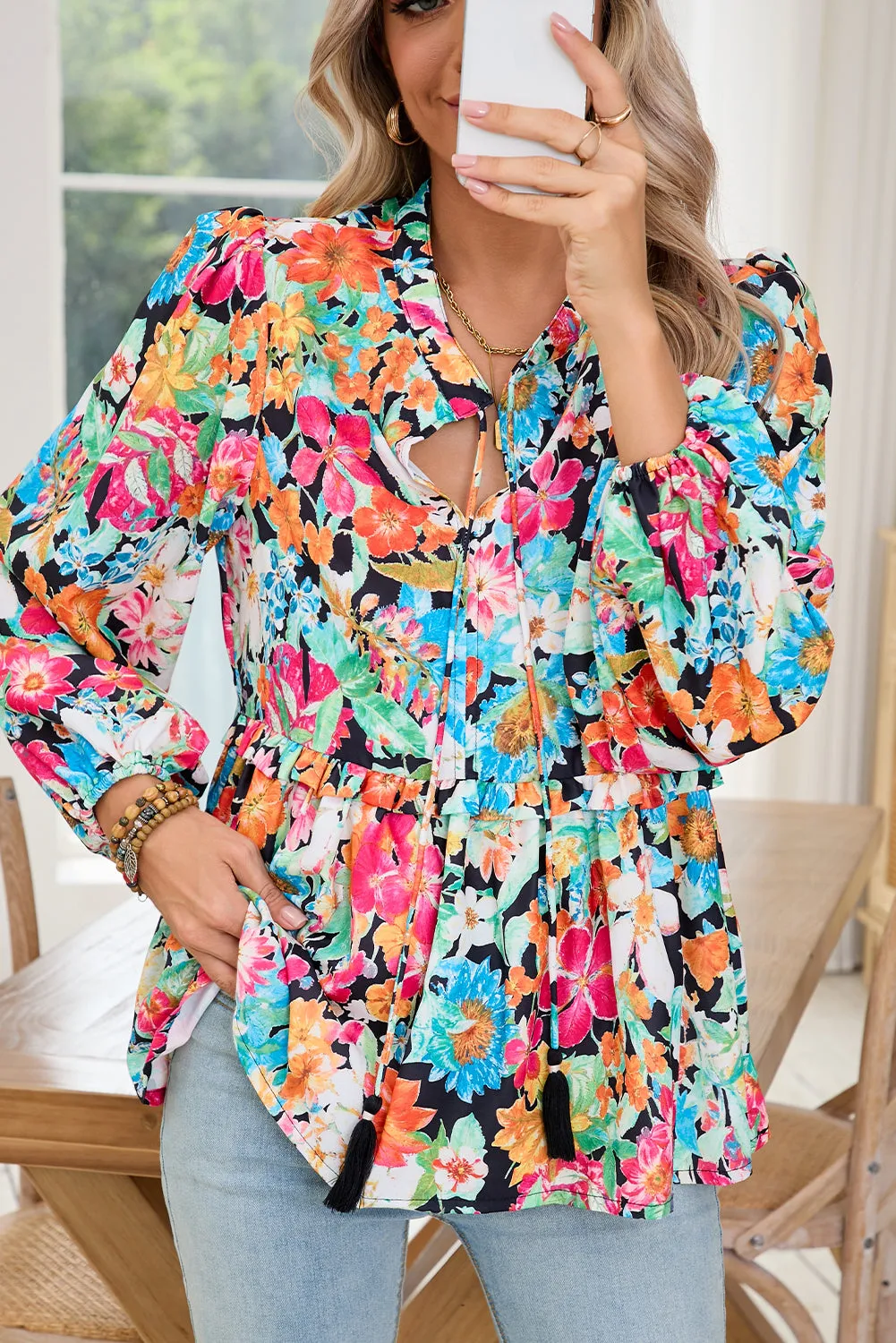 Gothic Outlaws Multicolour Boho Floral V Neck Lantern Sleeve Blouse: Because Your Vibe Deserves to Be as Bold as You Are 🌸✨