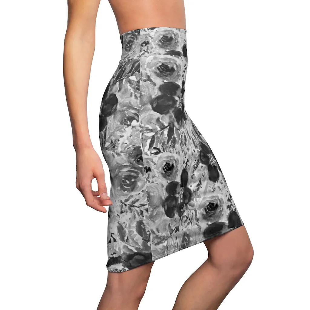 Gray Floral Women's Pencil Skirt, Grey Flower Printed Ladies' Mid-Waist Skirt-Made in USA