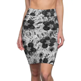 Gray Floral Women's Pencil Skirt, Grey Flower Printed Ladies' Mid-Waist Skirt-Made in USA