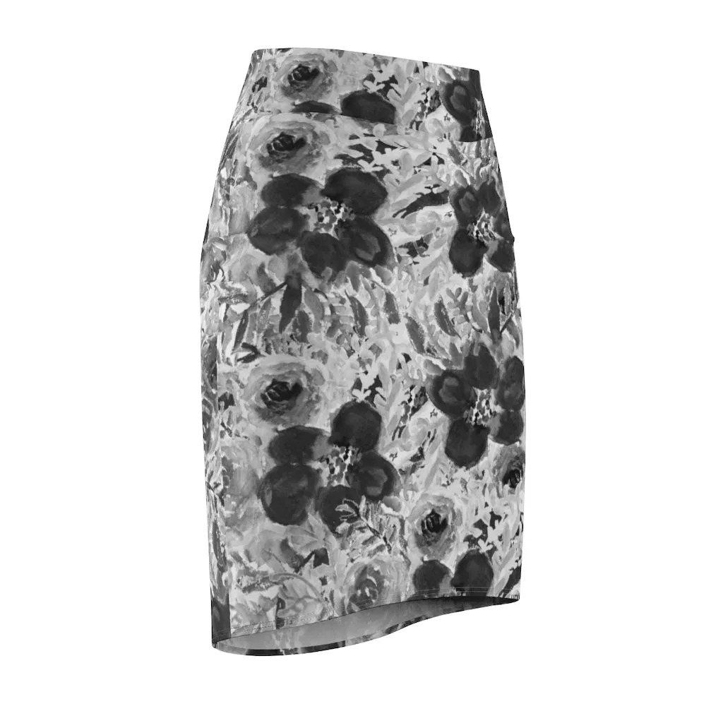 Gray Floral Women's Pencil Skirt, Grey Flower Printed Ladies' Mid-Waist Skirt-Made in USA