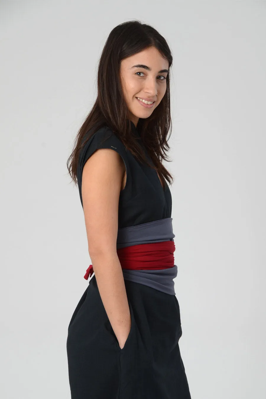 Grey and Red Wrap Obi Belt