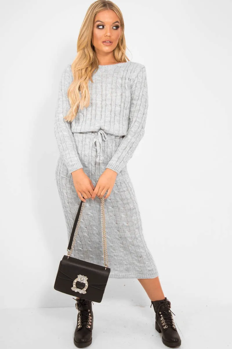 Grey Cable Knit Drawstring Waist Dress - Rhea