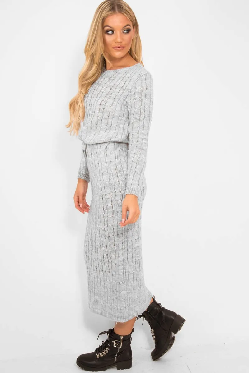 Grey Cable Knit Drawstring Waist Dress - Rhea