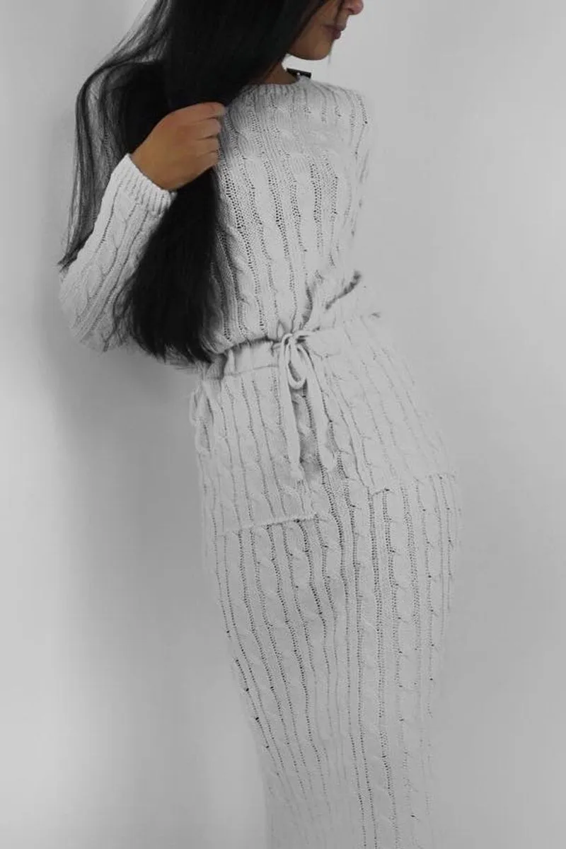 Grey Cable Knit Drawstring Waist Dress - Rhea