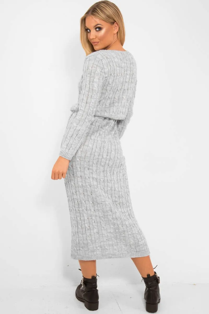 Grey Cable Knit Drawstring Waist Dress - Rhea