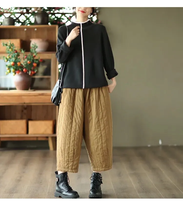 HEYFANCYSTYLE Vintage Wide Leg Warm Padded Trousers