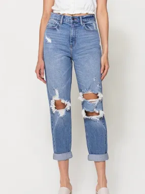 High Rise Double Rolled Cuff Distressed Mom Jean - Medium Denim