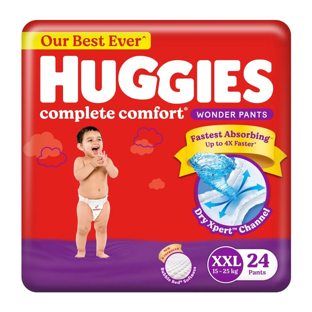 Huggies Complete Comfort Wonder Pants Double Extra Large (XXL) Size (15-25 Kgs) Baby Diaper Pants, 24 count| India's Fastest Absorbing~ Diaper with upto 4x faster* absorption