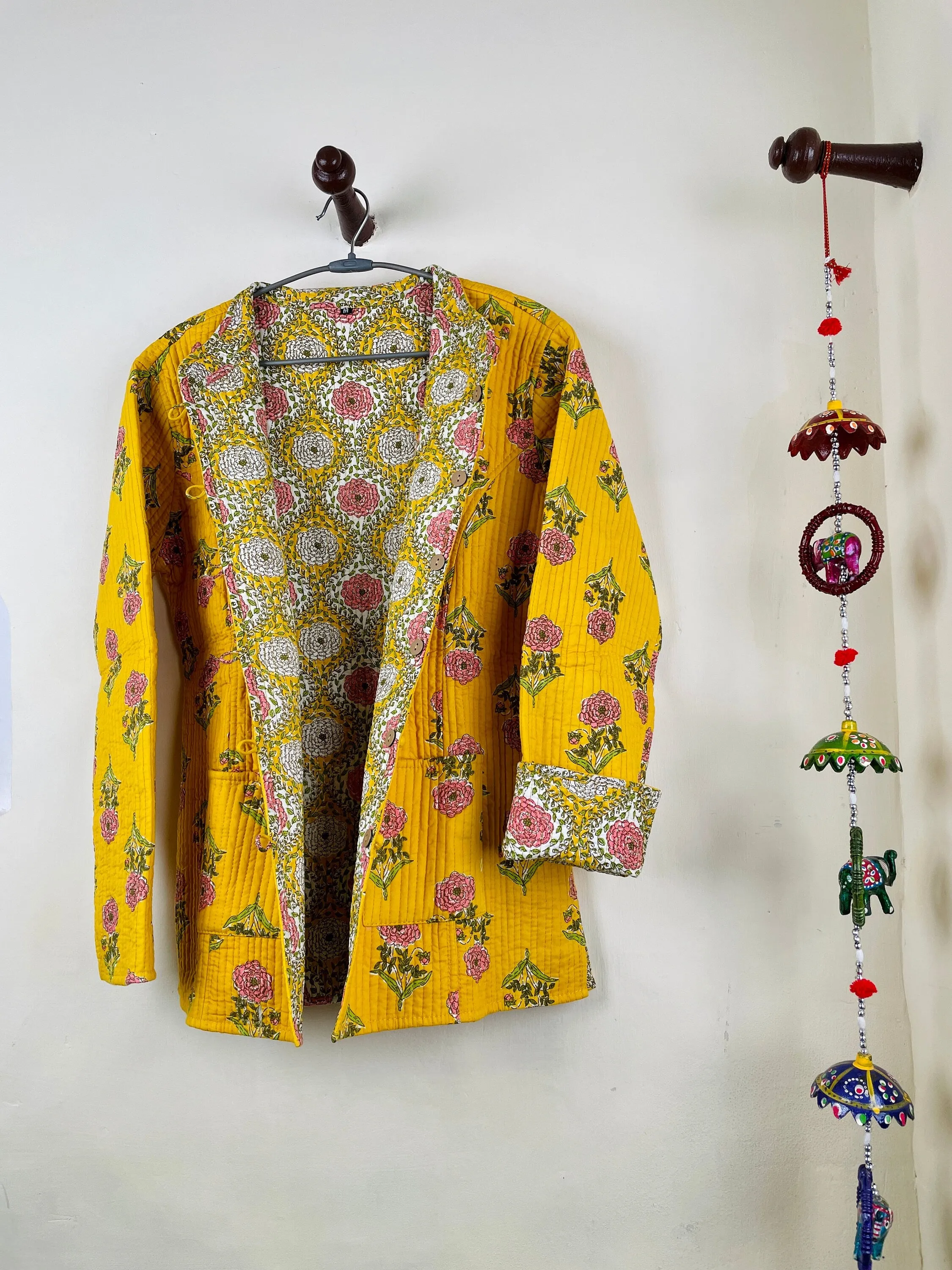 Indian Handmade Quilted Fabric Jacket Stylish Yellow Floral Women's Coat, Reversible Jacket for Her