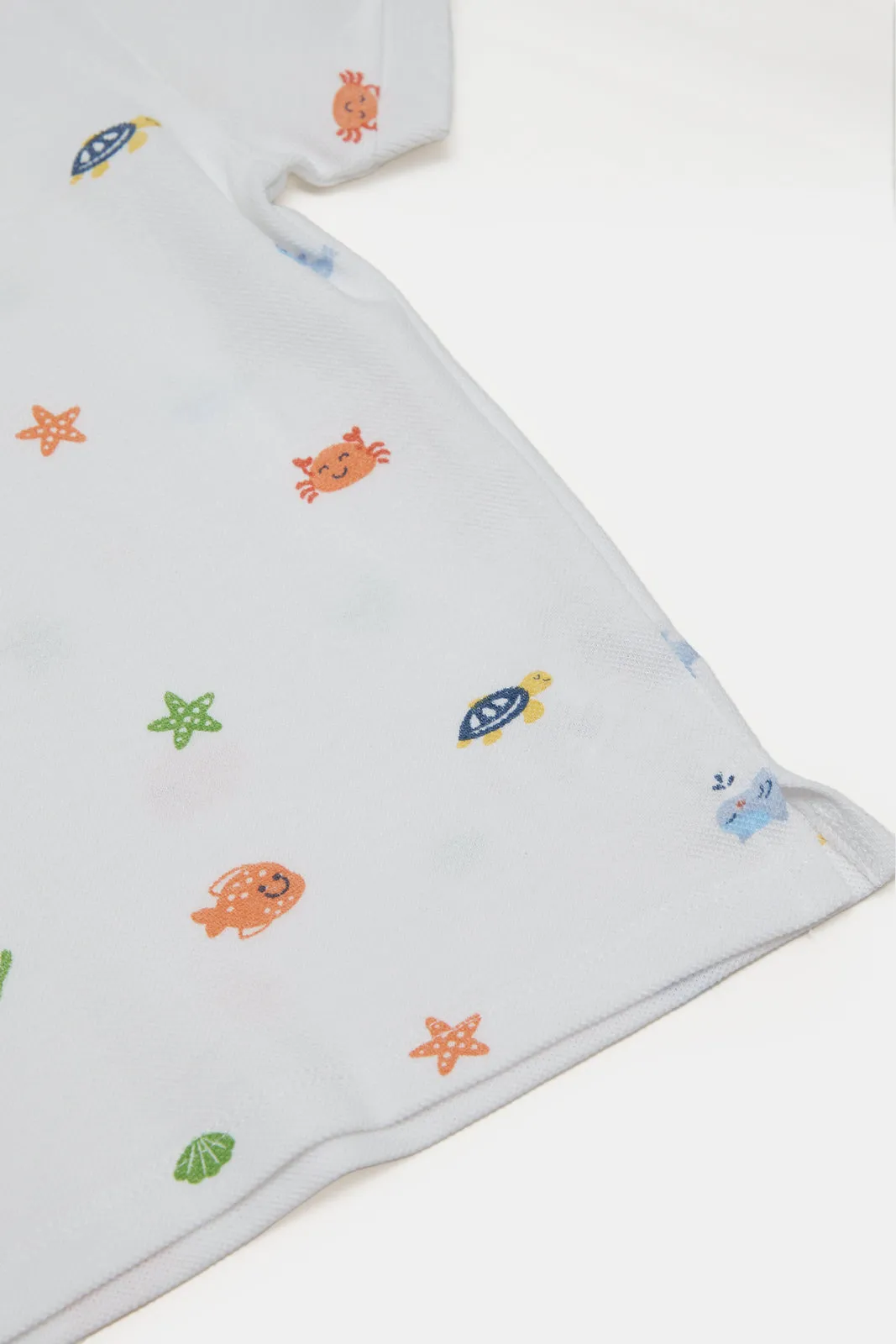 Infant Boys White Sea Fish Printed Henley Polo