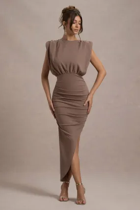 Jennifer | Mocha Sleeveless Maxi Dress With Asymmetric Hem