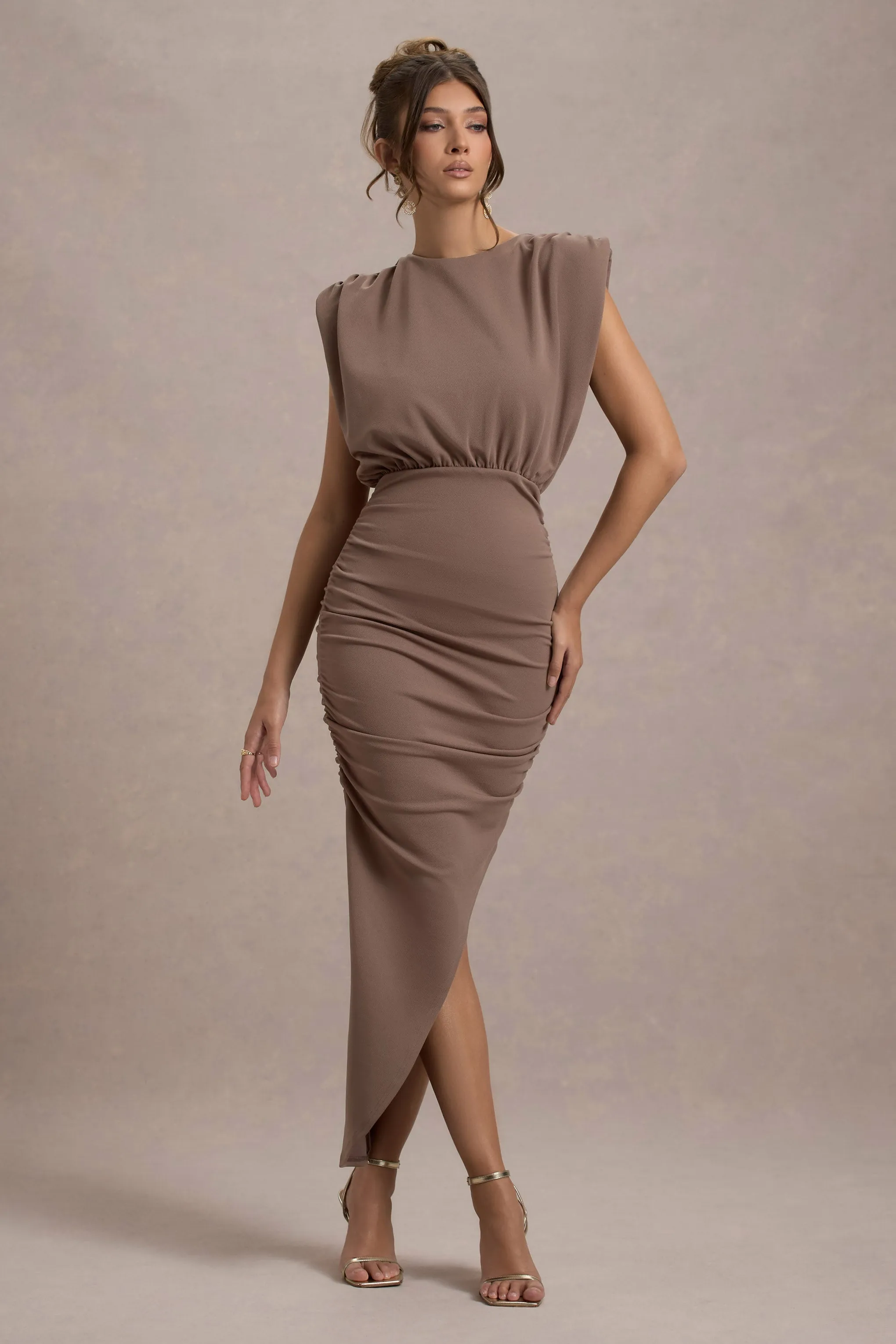 Jennifer | Mocha Sleeveless Maxi Dress With Asymmetric Hem