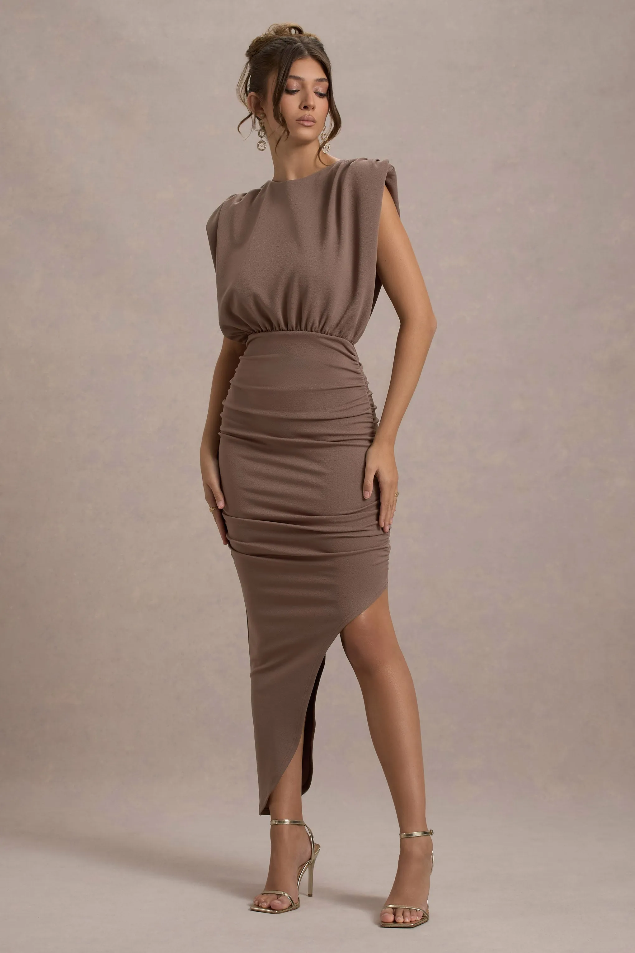 Jennifer | Mocha Sleeveless Maxi Dress With Asymmetric Hem