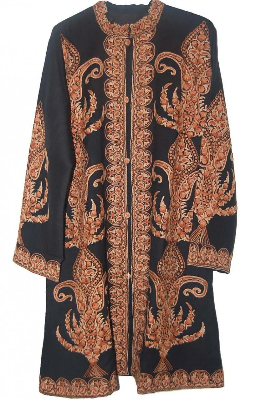 Kashmiri Woolen Coat Black, Brown Embroidery #AO-1142