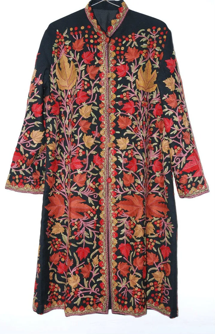 Kashmiri Woolen Coat Black, Multicolor Embroidery #AO-136