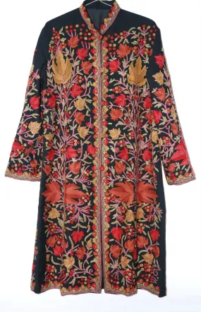 Kashmiri Woolen Coat Black, Multicolor Embroidery #AO-136