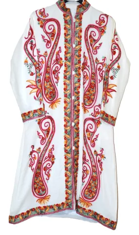 Kashmiri Woolen Coat White, Multicolor Embroidery #AO-179