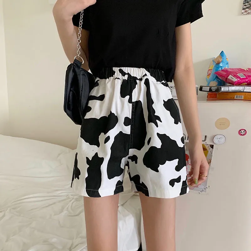 KittenAlarm - High Waist Cow Pattern Casual Shorts Pants