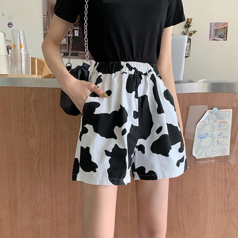 KittenAlarm - High Waist Cow Pattern Casual Shorts Pants