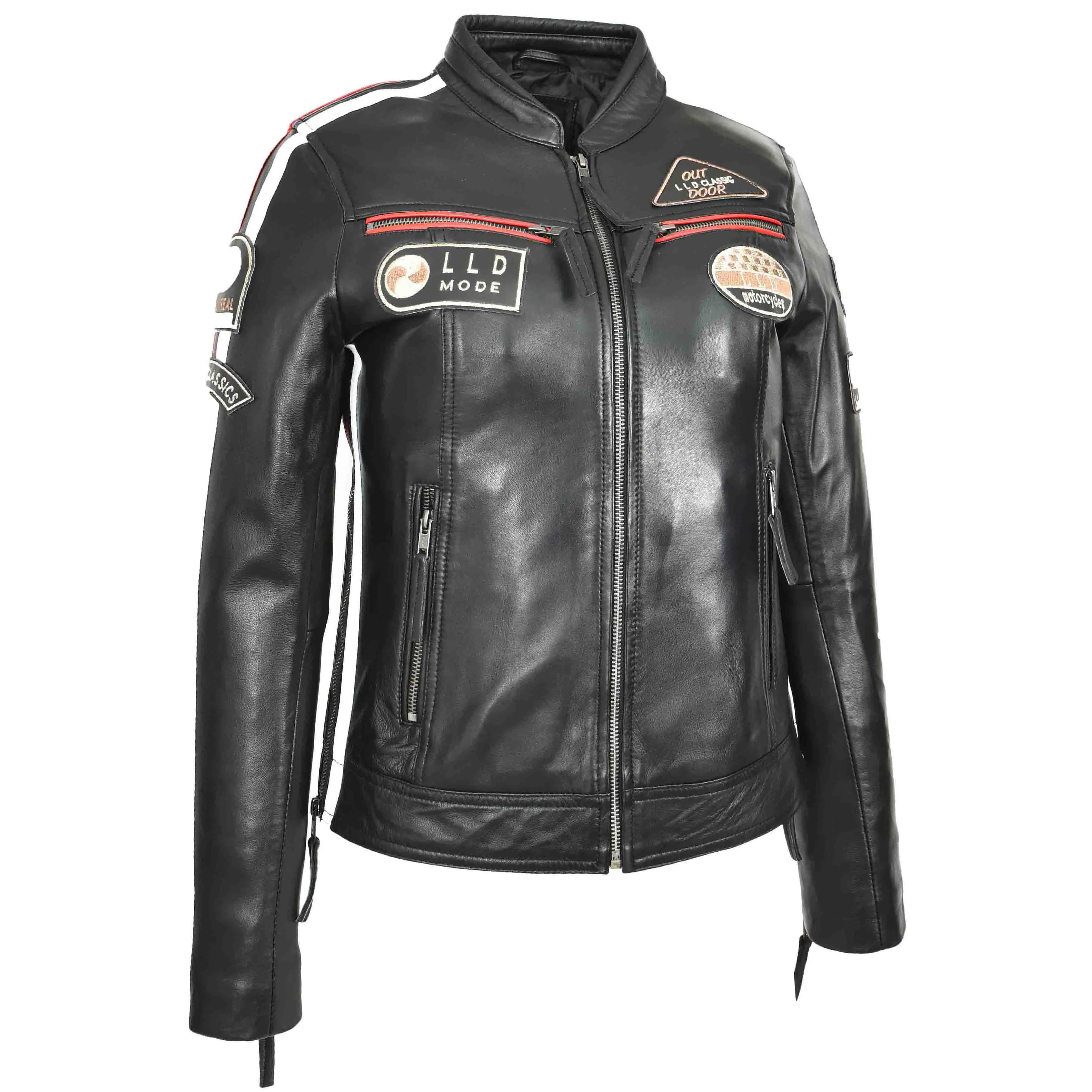 Ladies Leather Cafe Racer Biker Jacket Motorcycle Badges Rosa Black