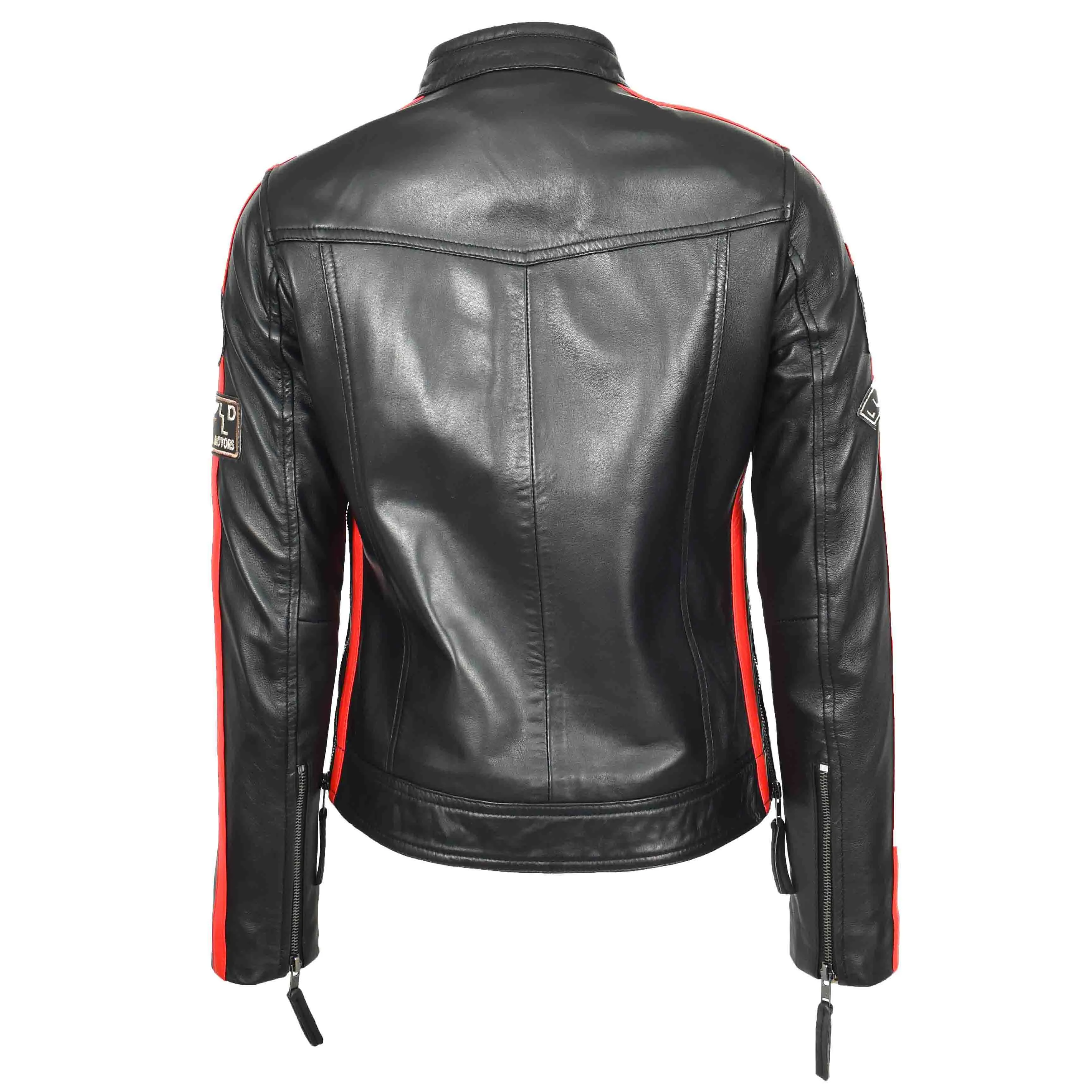 Ladies Leather Cafe Racer Biker Jacket Motorcycle Badges Rosa Black