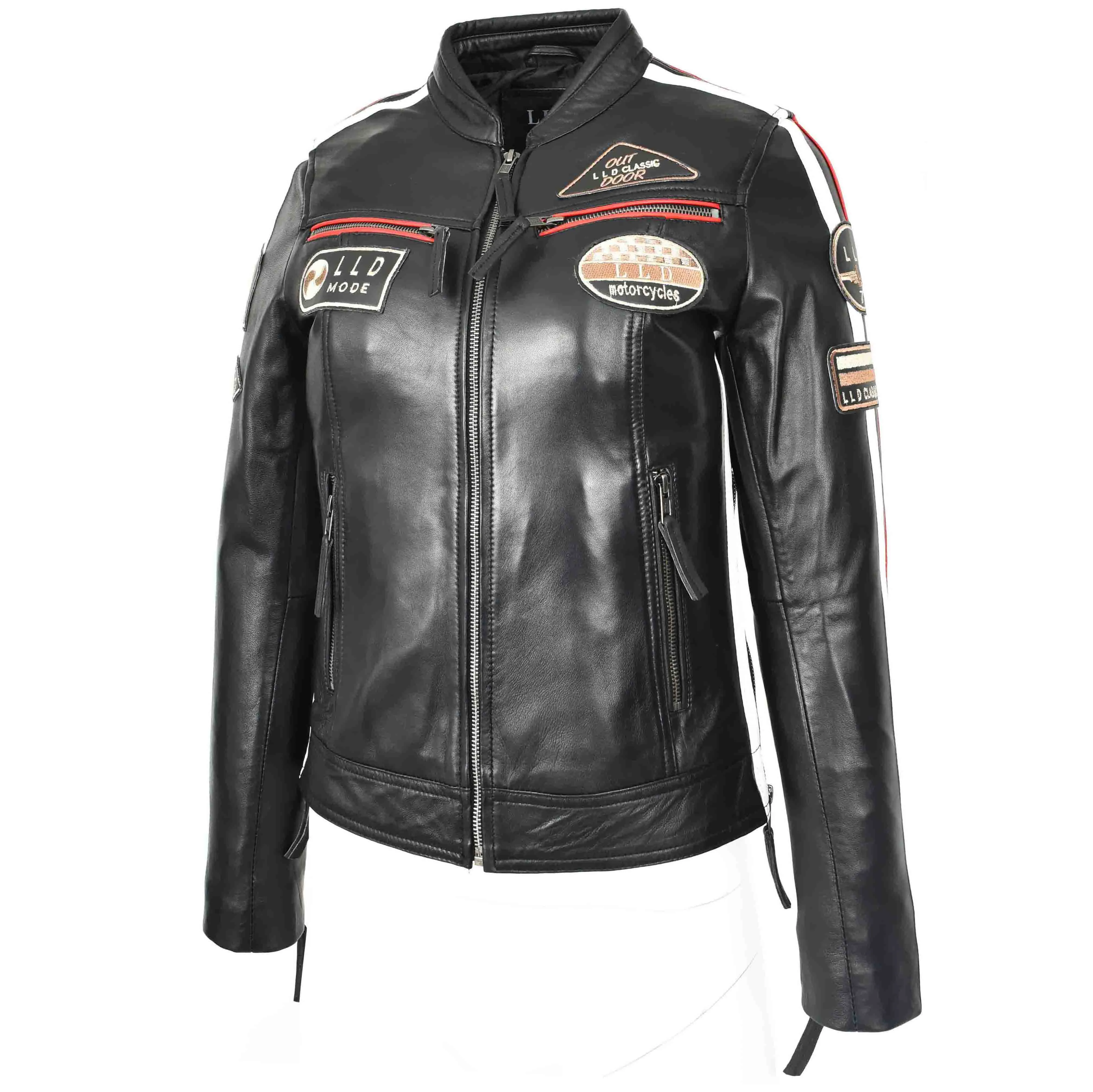 Ladies Leather Cafe Racer Biker Jacket Motorcycle Badges Rosa Black