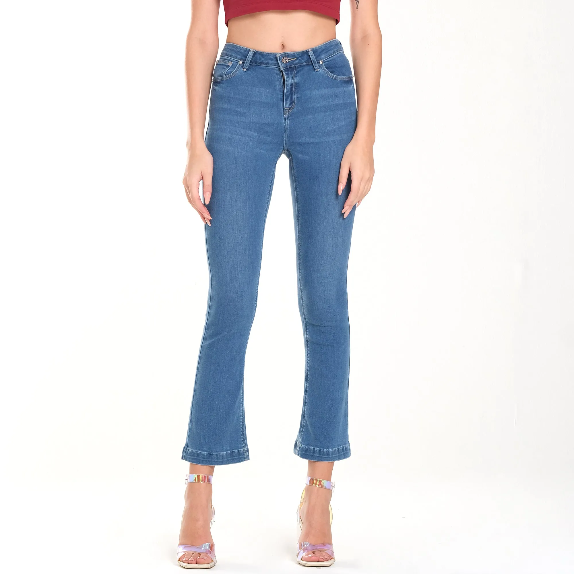 LEE WOMENS FLARE DENIM JEANS IN MID BLUE