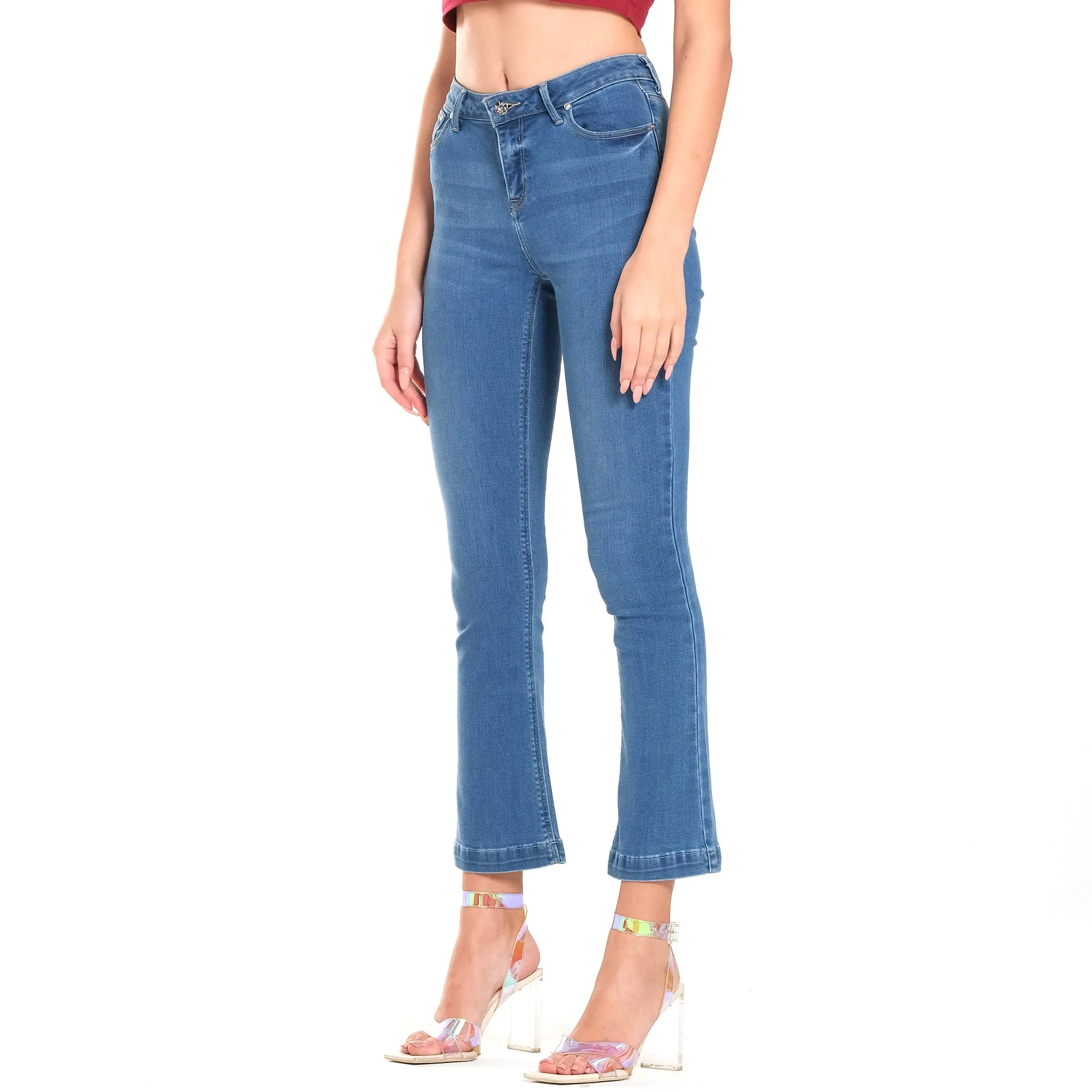 LEE WOMENS FLARE DENIM JEANS IN MID BLUE