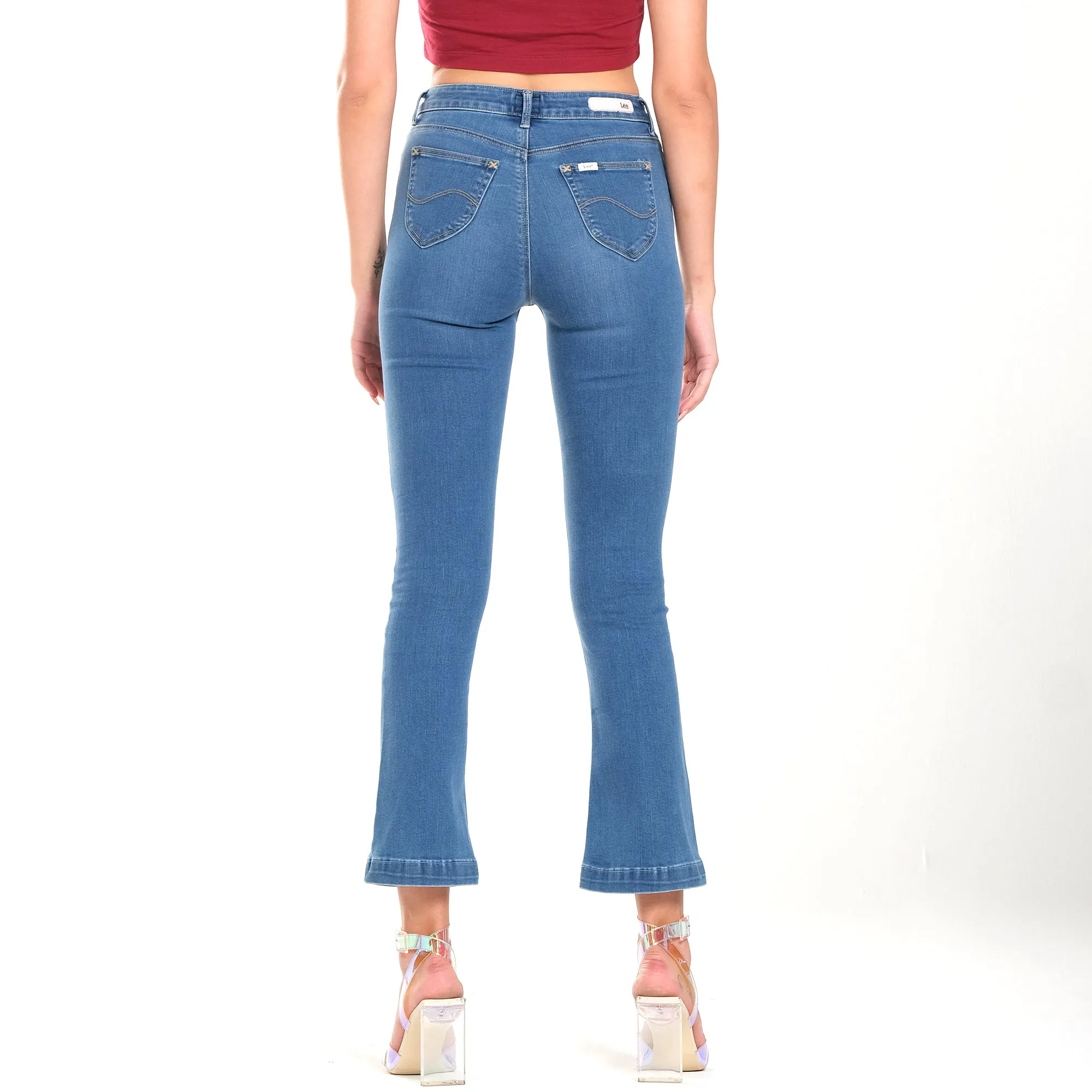 LEE WOMENS FLARE DENIM JEANS IN MID BLUE