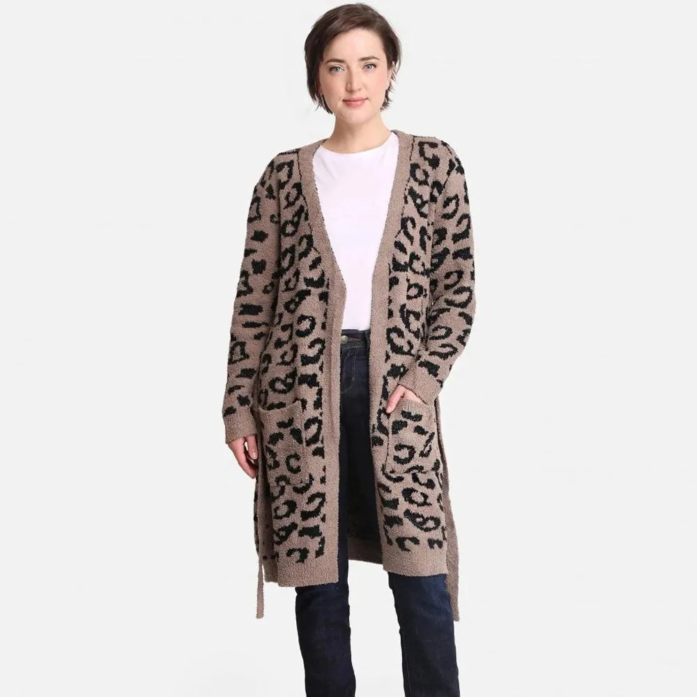 Leisure Leopard Print Patch Pocket Tie Front Fluffy Knit Robe