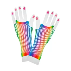 Long Fishnet Gloves Rainbow Colour 80s Fancy Dress Pride