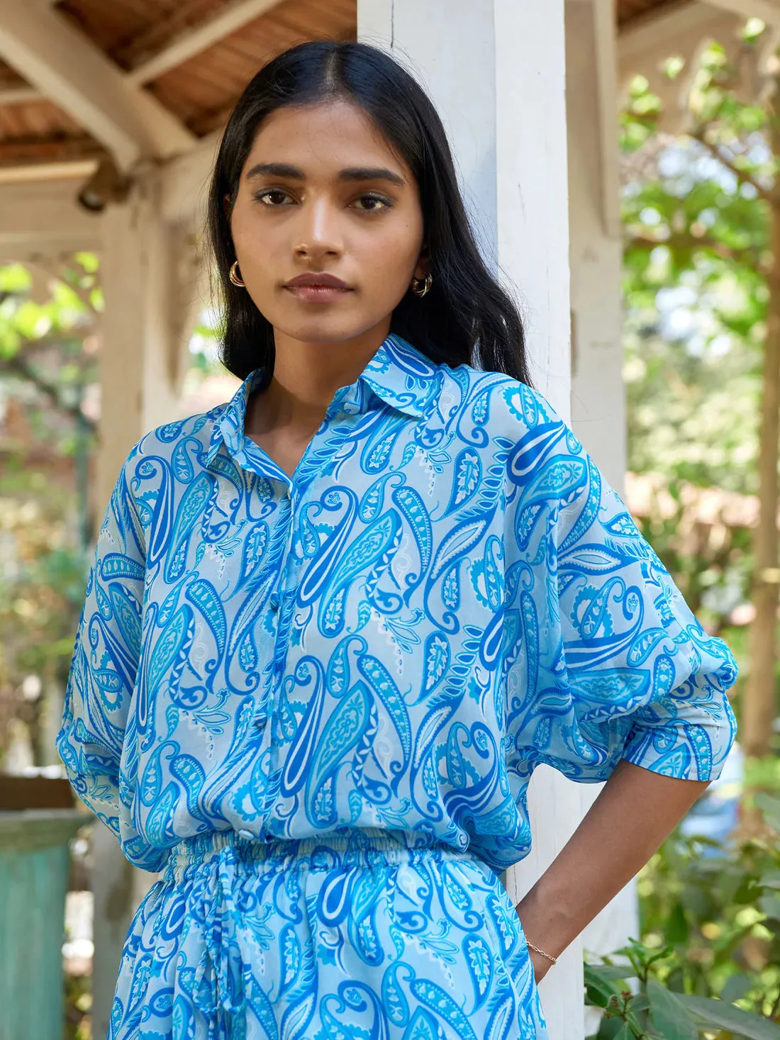 Loose fit Blue Printed Women's Work Shirt