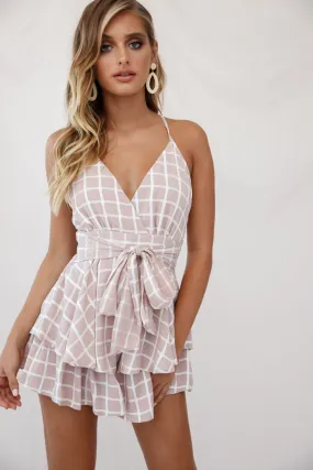 Maddox Fit & Flare Cami Strap Romper Check Print Blush