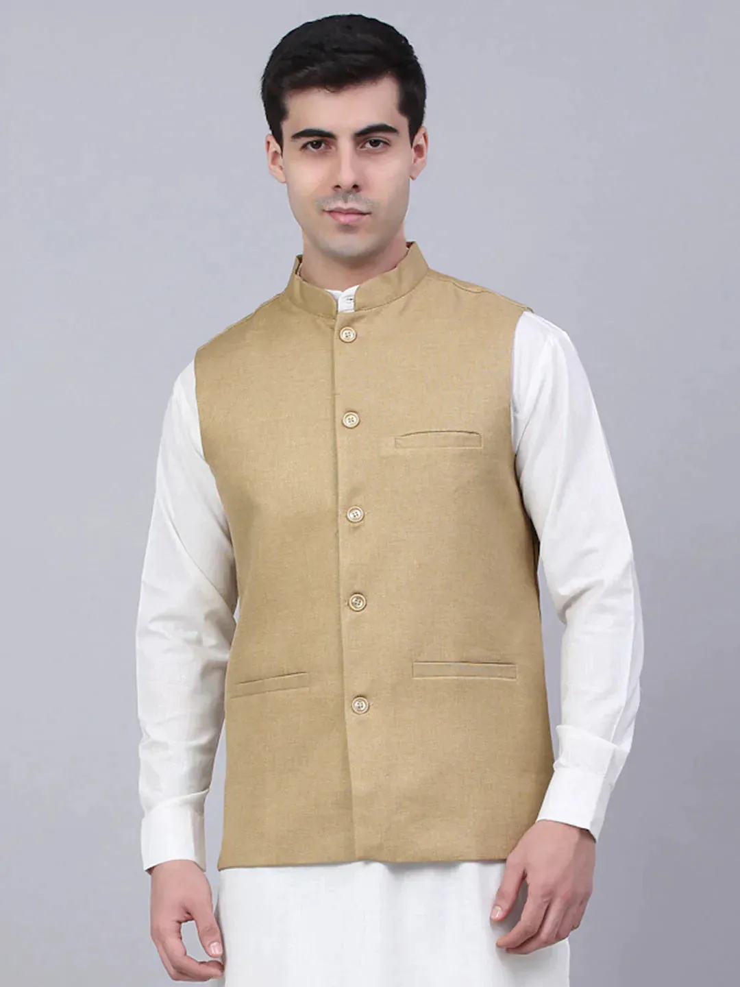 Men Beige Solid Woven Sleeveless Nehru Jackets