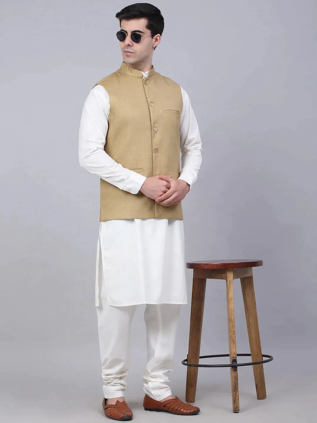 Men Beige Solid Woven Sleeveless Nehru Jackets