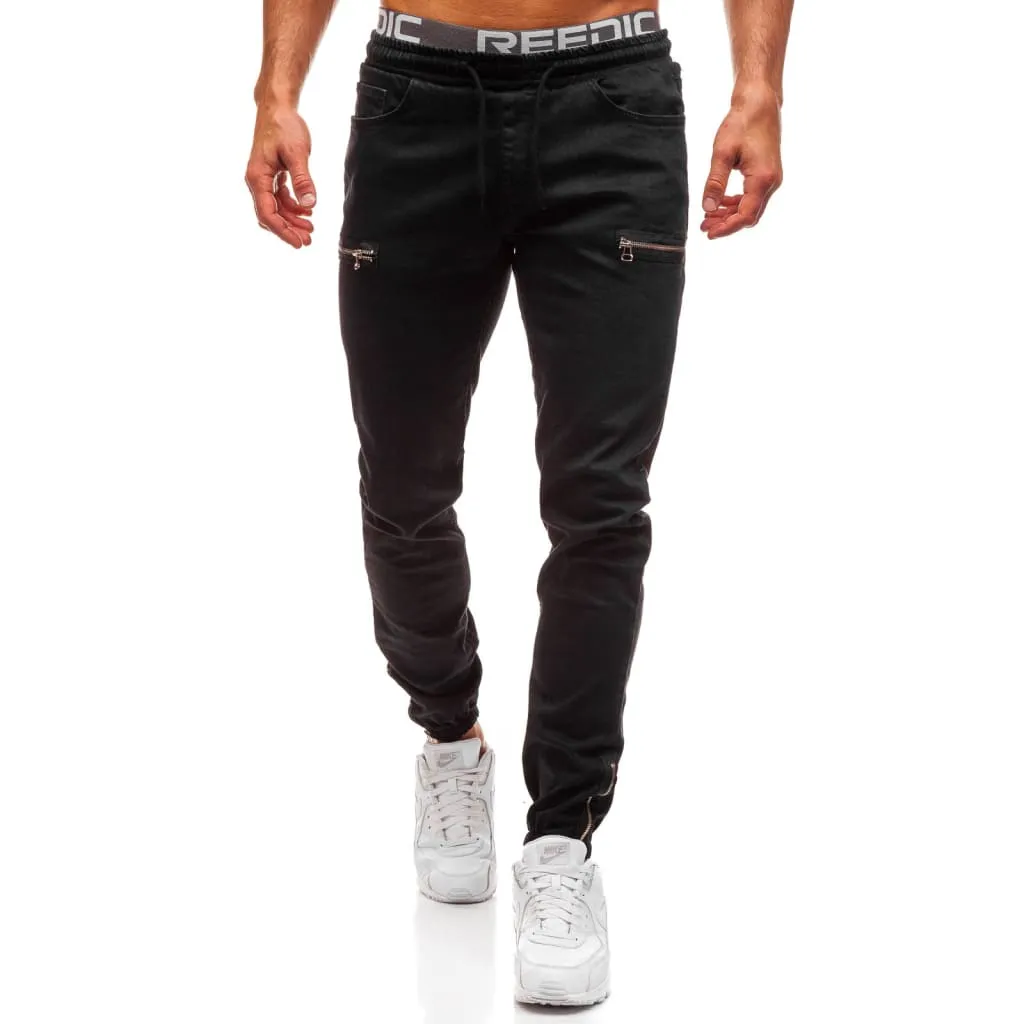 Men Drawstring Zipped Pocket Sports Skinny Jeans