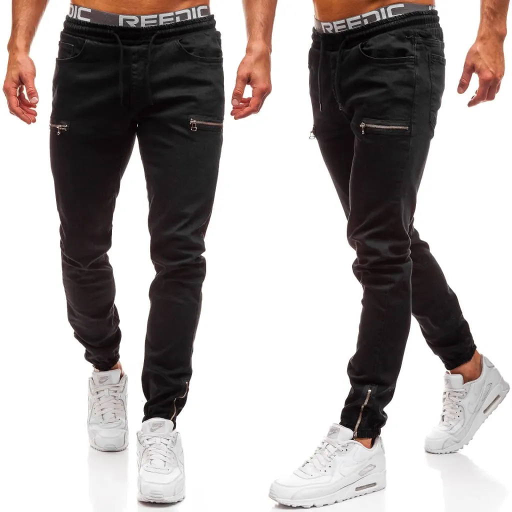 Men Drawstring Zipped Pocket Sports Skinny Jeans