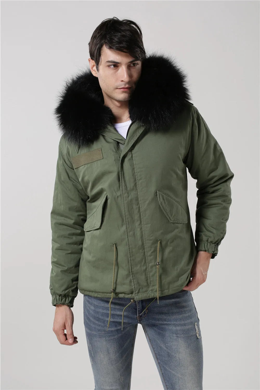 Men's Black Fur Convertible Green Parka - Short